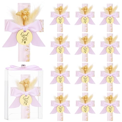 12 Sets Baptism Party Favors for Guests Pink Epoxy Cross Fridge Magnets First Communion Favors, Cross Baptism Magnet with Flowers for Bless Baby Shower Party, Christen Gift,Gender Reveal