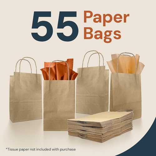 Reli. 5.25x3.25x8 in. Small Paper Bags with Handles | 55 Pack | Kraft Brown Paper Bags with Twist Handles | Ideal for Gifts, Retail, Shopping, Merchandise, Crafts