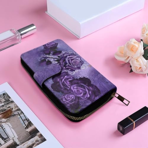 Image of COEQINE Ladies Wallets Pink Leopard Heart Black Printed Leather Phone Long Clutch Purses Check Coin Change Holder