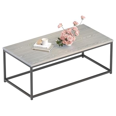 Our Modern Space Modern Industrial Style Rectangular Coffee Table for Living Room, Bedroom - Rustic Accent Minimalistic Furniture with Wood Grain Top & Metal Frame - Center TV Table - Grey Cover