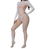 YIINHEY Womens One Piece Fishnet Bodysuit Lingerie Mesh Bodystocking Nightwear Jumpsuit Underwear(White)