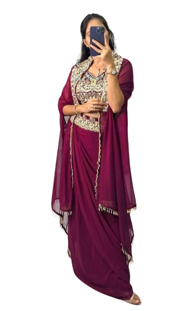 Ready To Wear Lehenga Saree Shrug For Women Bollywood Style Faux Georgatte Fabric On Fully Stitched With Embrodery Therd Work-image-27