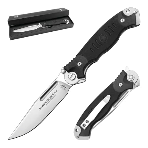 HOKC Officer's-2M | 320-100404 | Pocket Knife, EDC Knife by Official Dealer - Designed by Russian Master Aleksander Biryukov - Liner Lock, G10 Handle, Thumb Stud, Funger Flipper, Ball Bearing Pivot, Comfortable Pocket Clip, Long and Durable D2 Stainless Tool Steel Blade, Satin Finished - Ideal for Camping & Hunting