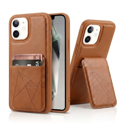 Image of amazon basics Premium Vegan Leather Back Cover with Card Holder and Integrated Mobile Stand for iPhone 11 - Slim Shockproof Wallet Case with Geometric Stitching [Tan]