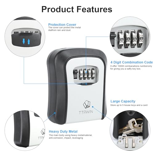 TTRWIN Caixa com chaveiro, combinação de 4 dígitos, à prova de intempéries, 5 chaves de grande capac