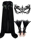 Hercicy 3 Pieces Cloak Feather Witch Cape Lace Long Gloves Witch Spider Web Masquerade Mask for Halloween Party Costume Decor(Black)