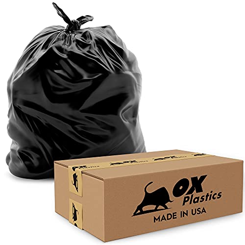 Ox Plastics Trash Can Liners Bags – 60 Gallon Capacity & 3mil Thick Extra Heavy Duty Strength – 50 Large Garbage, Leak-Proof & Durable, House & Commercial Use Bags Black