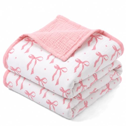 Image of Muslin Baby Blanket for Girls Pink Bow Cotton Toddler Blanket