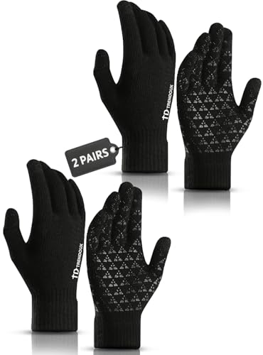 TRENDOUX Mens Winter Gloves Women, Touch Screen Fingers, Thermal Warm Fleece Lined, Unisex Driving Running Hiking Knit Gifts, Cold Weather Thin Stocking Stuffers, 2 Pairs