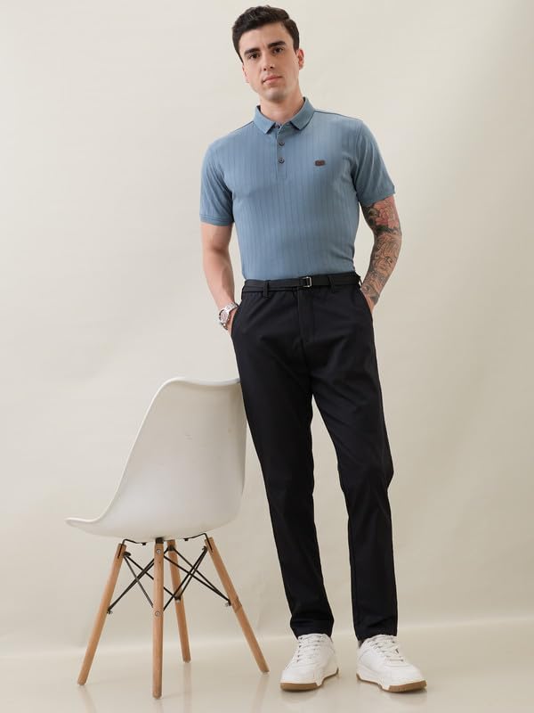 Image of Nostrum Men's Smart-Casual Tapered Trousers for Men, Charcoal, Cotton Corduroy, Mid Rise, Regular Slim Fit with Adjustable Belt, Side and Back Pockets, Casual Wea