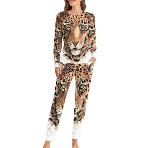 Pyjama femme léopard ensemble sleepwear manches longues pantalon de nuit fluide