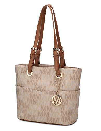 MKF Shoulder Bag for Women: PU Leather Top Handle Tote Handbag â€“ Lady Fashion Satchel Pocketbook, Signature Purse Beige