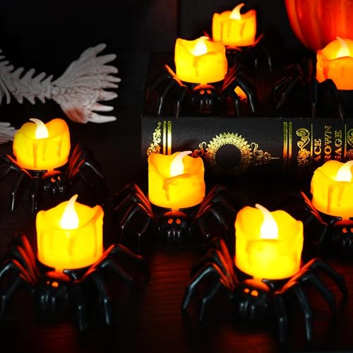 Image of Dazzle Bright 12 Pack Halloween Spider Tea Lights Candles, Battery Operated LED Flameless Spider Candles Holder Lights, Spooky Halloween Decorations for Party Table Home Decor