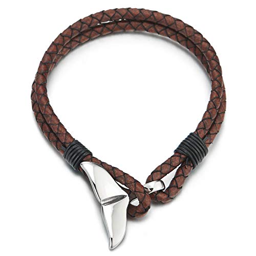 Mens Womens Two-Row Brown Braided Leather Wristband Bracelet with Steel Whale Dolphin Tail Hook Clasp