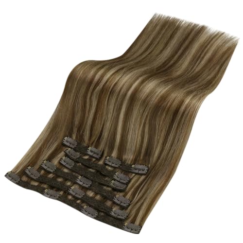 Image of Full Shine Real Hair Extensions Clip in Human Hair, Medium Brown to Blonde