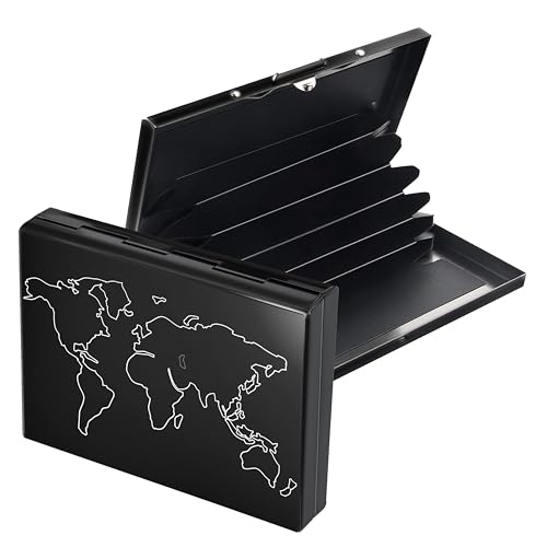 6 Slot RFID Metal Credit Card Holder Wallet for Men Women (Black Laser Print World Map-6.5 x 1.3 x 9.5 cm)