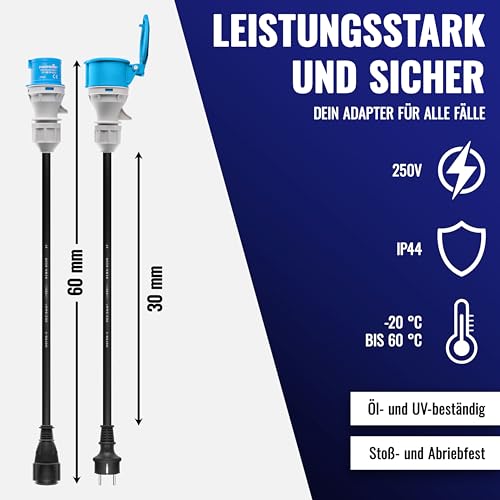 Poppstar 2X 30cm CEE Adapter IP44 (CEE-Kupplung 16A 3-pol/Schuko-Stecker: Typ E+F und CEE-Stecker 16A 3-pol/Schuko-Kupplung: Typ F), H07RN-F 3G2.5