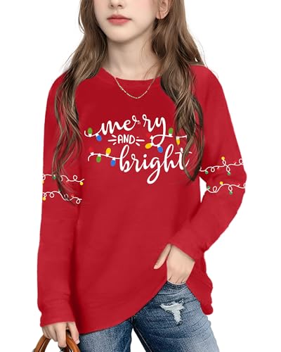Ithalt Kids Christmas Shirt Boys Girls Merry and Bright Tshirt Xmas Tree Long Sleeve Tops(MerryRed1,160)