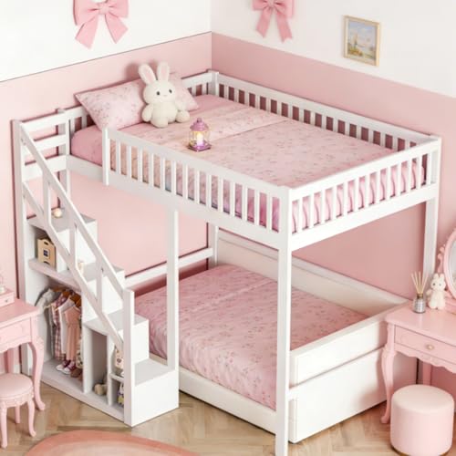 Kinder Etagenbett 90x200cm,Etagenbett Kinder Holz Hochbett Mit Stauraum Stockbett Für 2 Kinder90x200 Hochbett mit Treppe Kinderbett Jugendbett Mit Rausfallschutz,keine Matratze (Weiß, 90x200cm)