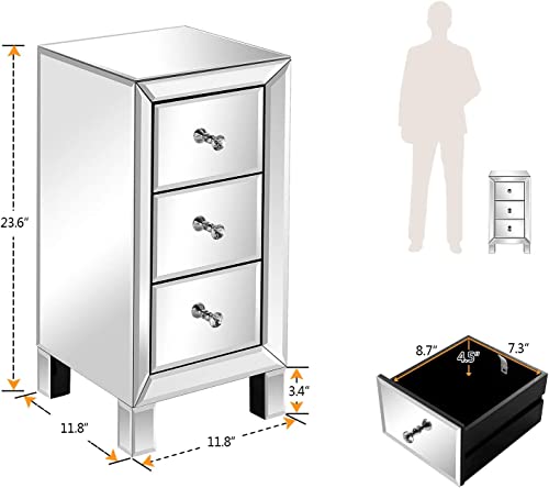 Image of VINGLI Mirrored Nightstand with 3-Drawers Silver Side End Table Set of 2 Mirrored Furniture for Small Space, Bedroom, Living Room