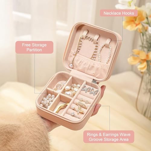 Image of Personalised Jewellery Box Organiser, Mini Travel Jewelry Storage Case, Portable Small PU Leather Box with Zipper, Pink Floral Design for Rings Earrings Necklaces Bracelets