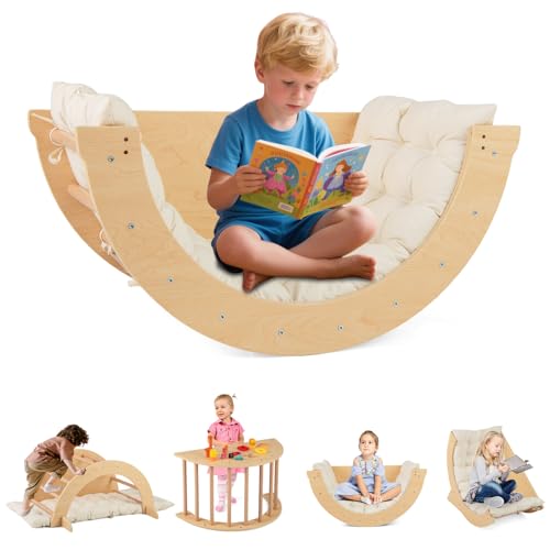 INFANS Wooden Arch Climber Rocker with Cushion, 6 in 1 Montessori Climbing Toys for Toddlers, Waldorf Children Table Indoor Gym Learning Playset for Kids Boys Girls