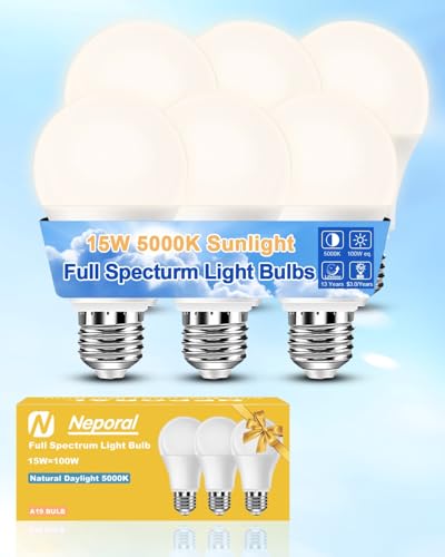 Neporal 15W Full Spectrum Light Bulb, 5000K UV-Free Daylight Sunlight
