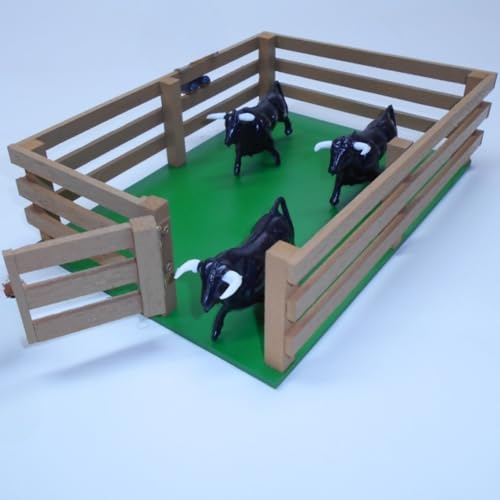 AMBIENTS ARTESANIA Taurina - Corral de toros de Juguete | Madera MDF Pintada a Mano | Incluye 3 toritos | Diseño Realista y Compacto | Medidas 25x18x7 cm | Hecho en España