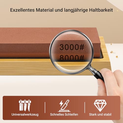 TOOLMAYS Schleifstein Set Körnung 3000/8000 Abziehstein, Japanischer Messerschärfer Stein mit Rutschfeste Bambusbasis, Winkelführung und doppelseitiger Korrekturstein, Wetzstein