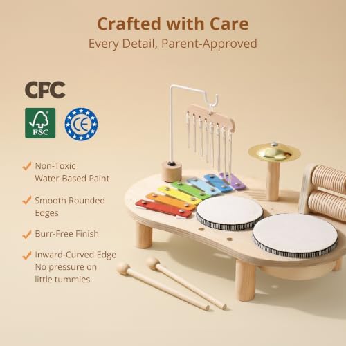 Promise Babe Wooden Musical Instruments for Toddlers 1-3, Percussion Instruments for Kids Baby Drum Set Xylophone, Montessori Educational Musical Toys, Gifts for Girls Boys Christmas - 2