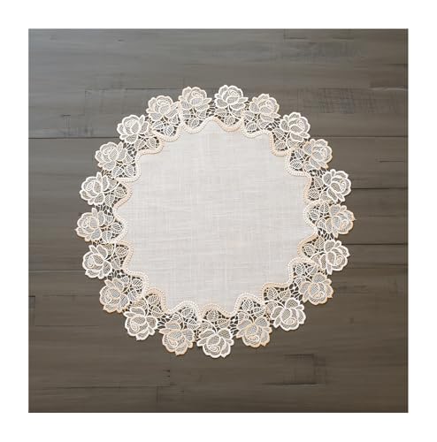 Beige Rose Lace Table Topper, Doily, Table Runner (23 Inch Round)