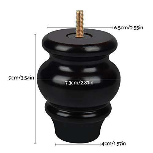 4 Inch Solid Wood Furniture Legs, Btowin 4Pcs Black Turned Wooden Bun Feet With Threaded 5/16'' Hanger Bolts & Mounting Plate & Screws For Sofa Cabinet Ottoman Loveseat Recliner #TOP1