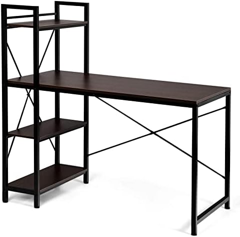 COSTWAY Computer Desk, Steel Frame Wooden Writing Workstation PC Laptop Table with 4-Tier DIY Storage Shelves, Space Saving Home Office Bedroom Work Study Desk (Dark Brown)