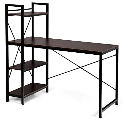 COSTWAY Computer Desk, Steel Frame Wooden Writing Workstation PC Laptop Table with 4-Tier DIY Storage Shelves, Space Saving Home Office Bedroom Work Study Desk (Dark Brown)