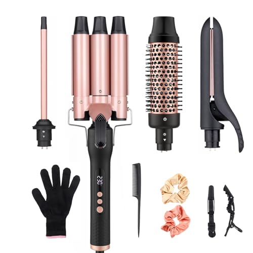 3 Barrels Hair Curler, 4 in 1 Curling Iron Curling Wand Set with Hair Straighteners, Curling Brush, Three Barrel Hair Waver Interchangeable Ceramic Barrels, Instant Heat Up, Dual Voltage