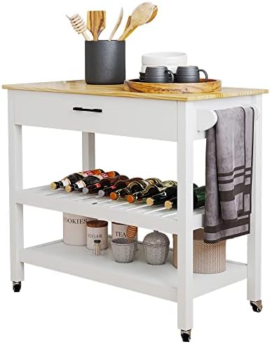 Extougend Solid Wood Kitchen Island on Wheels with Storage, White Rolling Kitchen Cart with Drawers and Cabinets, Kitchen Cart with Wood Table top, Lockable Casters, Adjustable Shelves