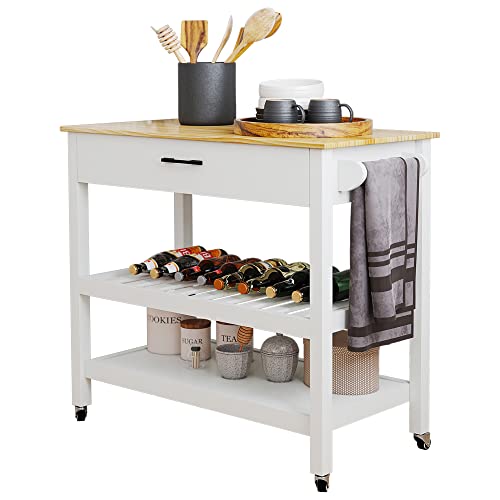 Extougend Solid Wood Kitchen Island On Wheels With Storage, White Rolling Kitchen Cart With Drawers And Cabinets, Kitchen Cart With Wood Table Top, Lockable Casters, Adjustable Shelves #TOP3