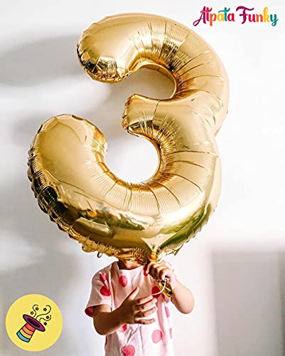 Image of Atpata Funky 3 Number Golden Foil Balloon 32 inch Size Birthday Decoration Items | Happy Birthday Decoration Kit | 3rd Year Birthday Party Anniversary Wedding Decorations
