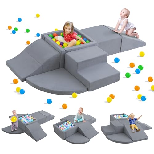 Image of Ressainic Foam Climbing Blocks with Ball Pit,6-Piece Climbing Toys for Toddlers 1-3,Soft Play Climbing for Toddlers Gym Toys Indoor(Grey, Balls Not Included)