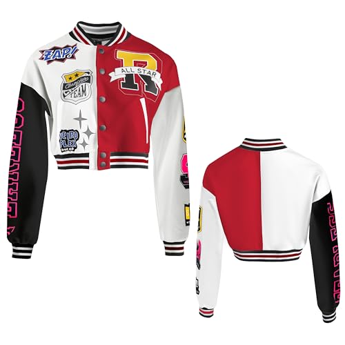 Girls Crop Varsity Jacket Print Color Block Bomber Jacket Casual Button Down Baseball Coats