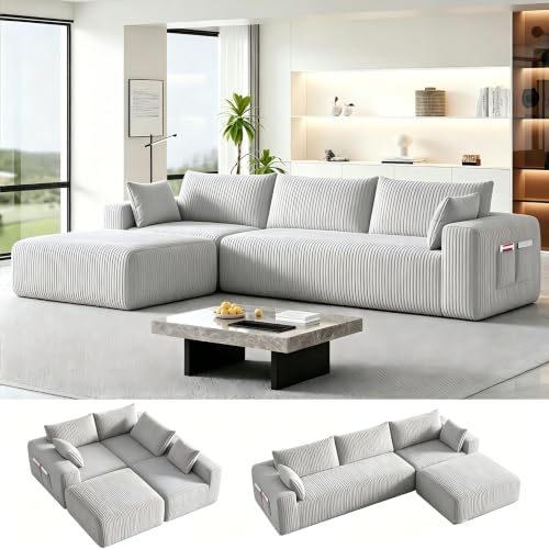 Image of 108 inch Boneless Couch Modular Sectional Sofa for Living Room, L Shaped Cloud Couch with Deep Seat Chaise, No Assembly Required Foam Sleeper Sofa for Apartments, Plush Corduroy Fabric, Grey White