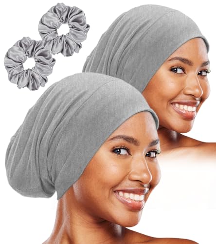 Gorro de dormir para mujeres negras, ajustable con forro de seda de hielo para trenzas rizadas, gorro de gorro, 2 unidades, gris claro, talla única