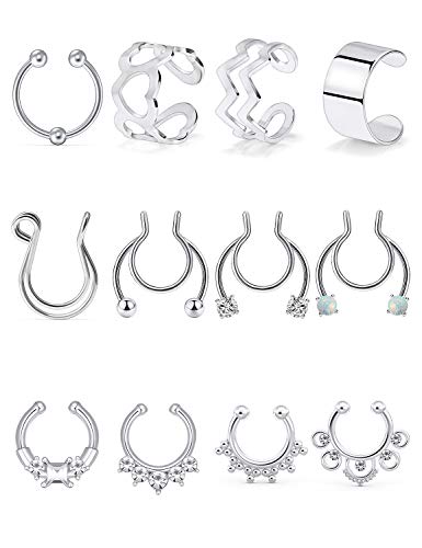 Oufksiyy Fake Nose Rings Hoop Face Septum Ring Clip on Spring Faux Lip Ring Helix Cartilage Earrings Surgical Steel Moon Ear Lobe Conch Non Piercing Jewelry for Women