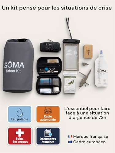 Kit de Survie 72h Famille - Sac d'urgence Urbain Complet avec Radio Manivelle Solaire, Trousse de Secours, Couteau, Couverture de Survie - Kit Catastrophe Naturelle Étanche 5L SÖMA – Image 4