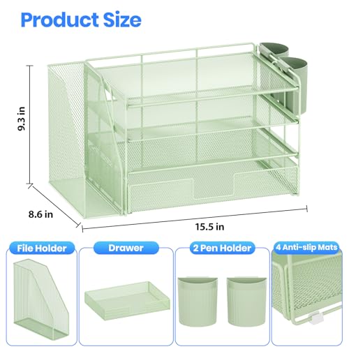 Image of OPNICE Desk Organizer, 4-Tier Desktop File Organizer with Drawer and Pen Holders, Office Desk Accessories, File Sorters, Workspace Organizers for Office Supplies(Green)