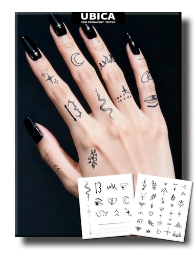 UBICA Semi Permanent Tattoo, 2 Sheets Dark Finger(Moon, Snake, Star) Temporary Tattoos for Women Men Adults, Minimalist Fine Line Gothic Hand Tiny Tattoos, Lasts 1-2 Weeks, Waterproof & No Reflection