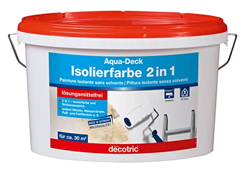 Decotric 014203001 Aqua Deck Wandfarbe Isolierfarbe 2in1 Farbe gegen Nikotin, Ruß, Fett-Flecken, Wasserränder, weiß, 5 l (1er Pack)
