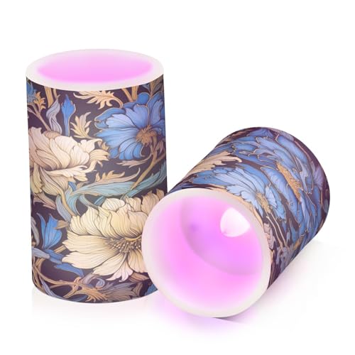 Image of ALAZA Blue Gold Luxury Flowers Flickering Flameless Candles Battery Operated with Remote Timer,Tea Light Candles LED Pillar Votive Candles Set of 2 for Outdoor Indoor Decorations