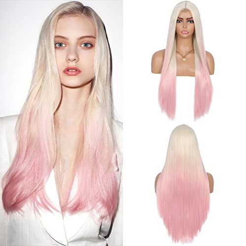 Youthfee 28” Straight Ombre Platinum Blonde to Pink Small Edge Lace Front Wigs for Women Middle Part Natural Hair Wig Heat Resistant Synthetic Wig for Daily Cosplay