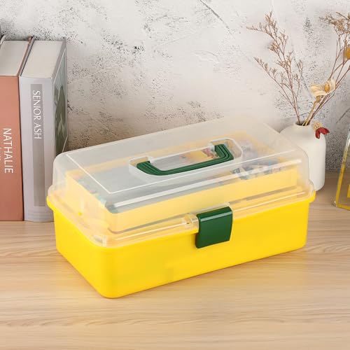 Image of BTSKY 3-Layer Plastic Dividing Storage Box Craft Organizer and Storage | Portable Handled Art Supply Organizer with Adjustable Spacers Multipurpose Home Utility Box for Medicine Sewing(Yellow+Green)